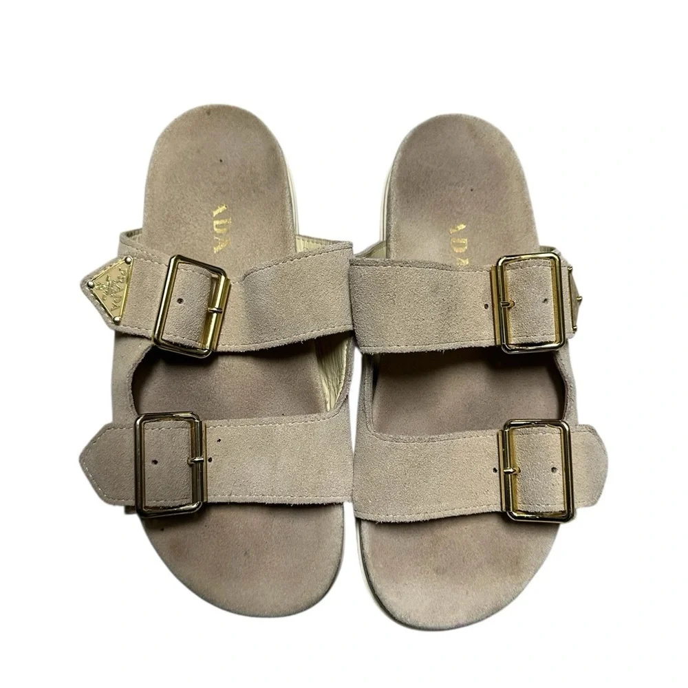 Prada Beige Suede Sandals with Gold Buckles, sz 37 pre-owned